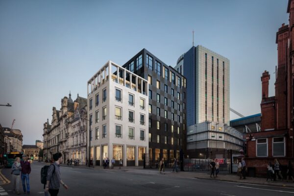 Dusk view of the new hotel, looking down Westgate Street