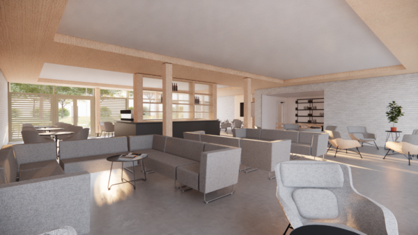 Interior view of the dayroom of the assisted living scheme, showing the central timber columns